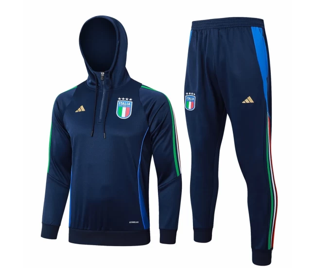 Italy Navy Training Hooded Technical Soccer Tracksuit 2024-25